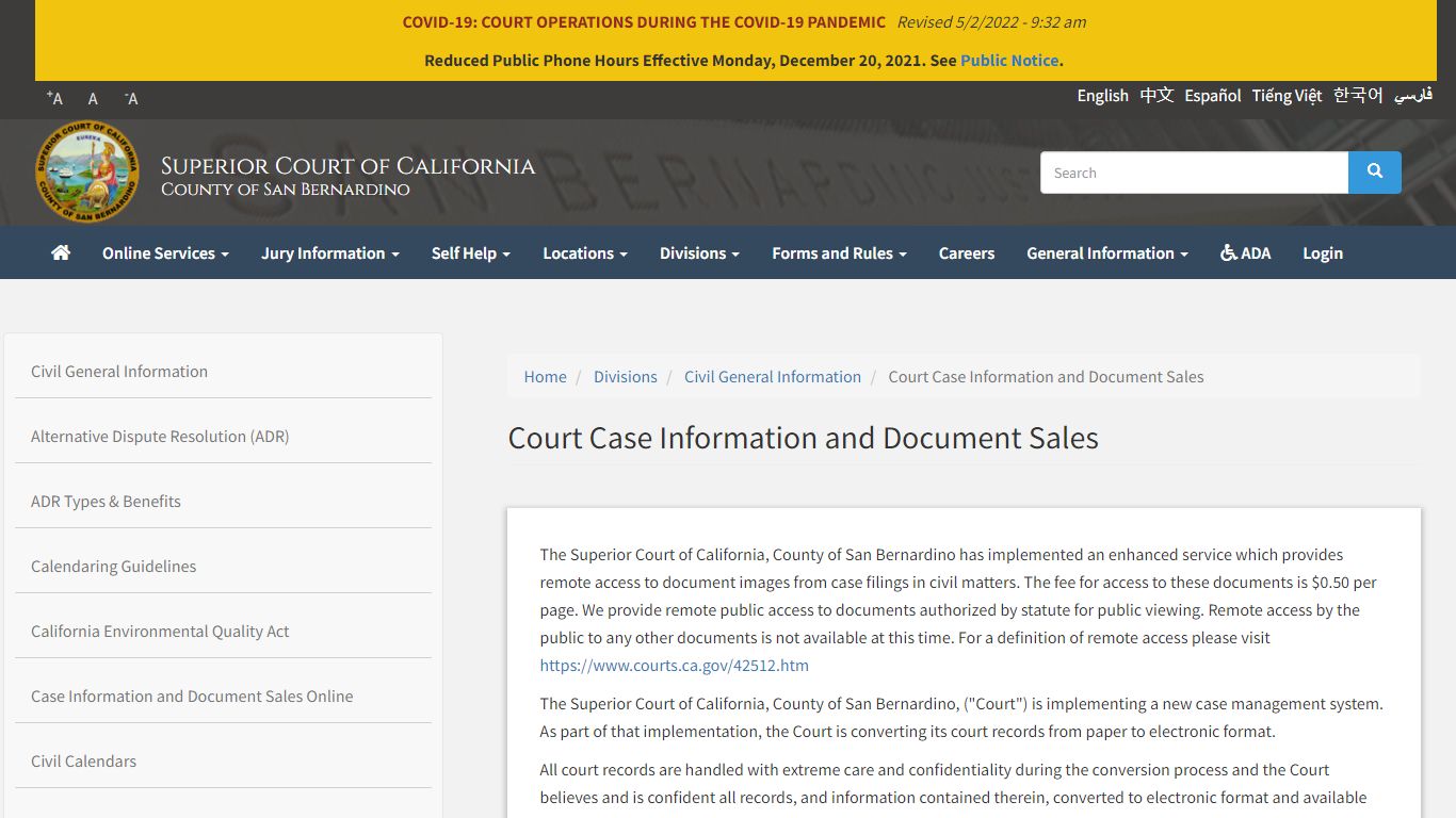 Court Case Information and Document Sales | Superior Court of California